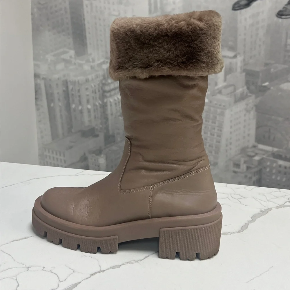 Free People Charlee Chunky Mid Boots Fur Cuff Lug Sole Taupe Minky Brown US 10